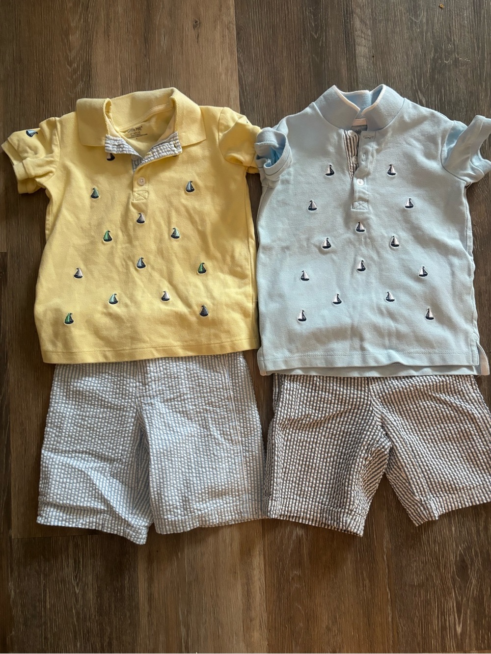 Little Me Yellow & Light Blue Polo Tops and shorts with Sailboat Embroidery